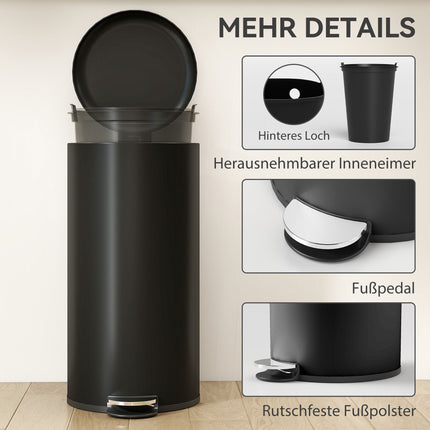 30L Pedal Bin with Soft-Close Lid, Black