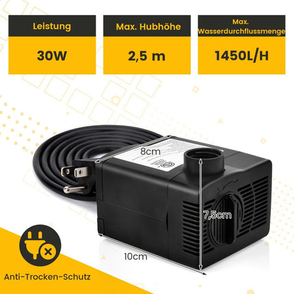 30 W mini aquarium pump with 2.5 m high stroke & 1.83 m power cable & 3 nozzles water pump 1400 L/h