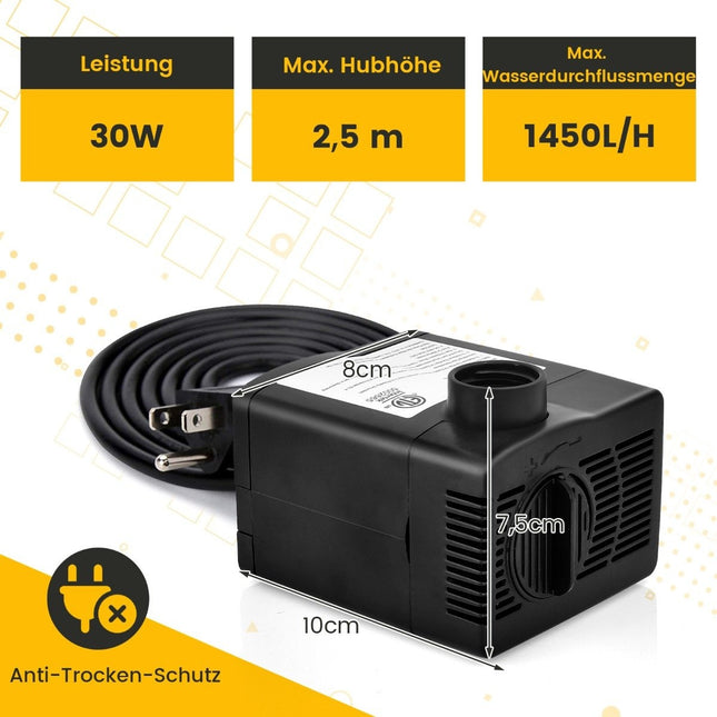 30 W mini aquarium pump with 2.5 m high stroke & 1.83 m power cable & 3 nozzles water pump 1400 L/h