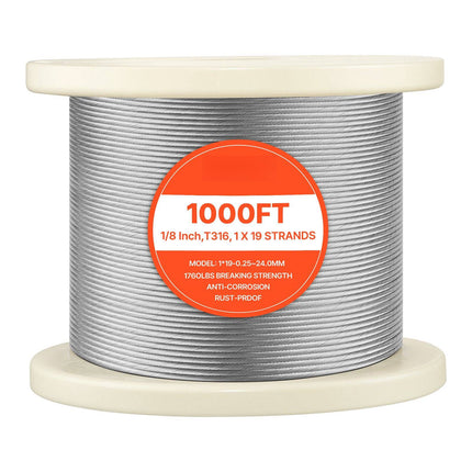316 Stainless Steel Wire Rope 1/8 in, 1000 ft, Cutter