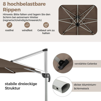 Ø 330 cm parasol with crank &amp; UPF 50+ &amp; 360° rotating cantilever parasol garden umbrella brown