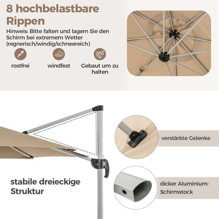Ø 330 cm parasol with crank &amp; UPF 50+ &amp; 360° rotating cantilever umbrella garden umbrella beige