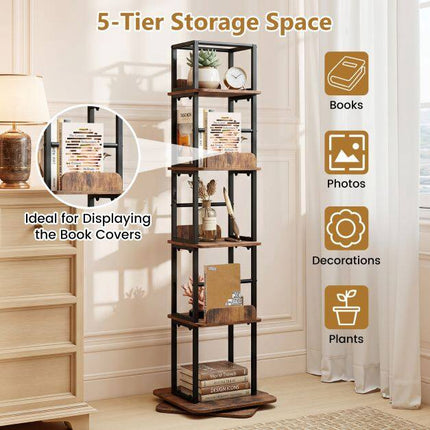 360 Rotating Bookshelf with 5 Shelves, Brown Metal Frame