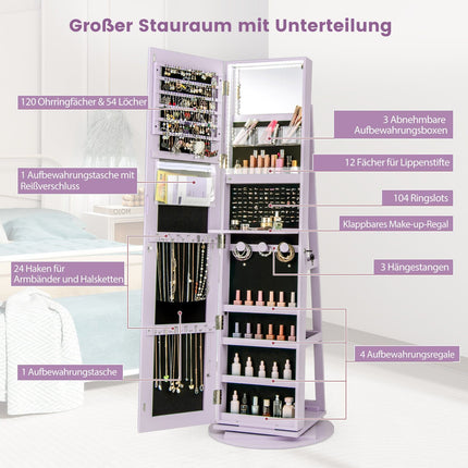 360 Rotating Jewelry Cabinet with LED Lights, Mirror, Lock