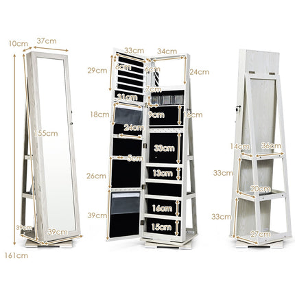 360 Rotating Jewelry Cabinet with Mirror, Lockable, White