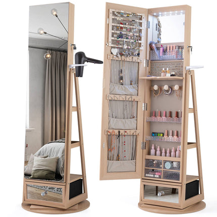360 Swivel Jewelry Cabinet with Full-Length Mirror & LED