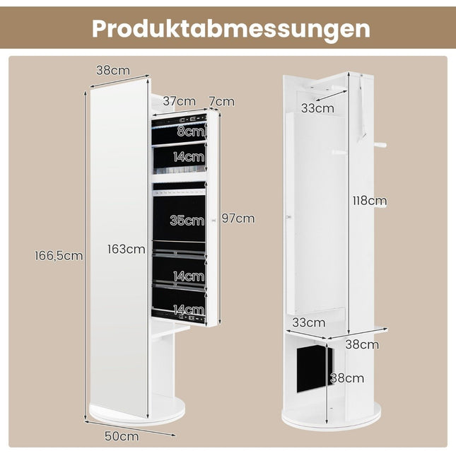 360° rotating jewelry cabinet with mirror & LED lights. Freestanding mirror cabinet