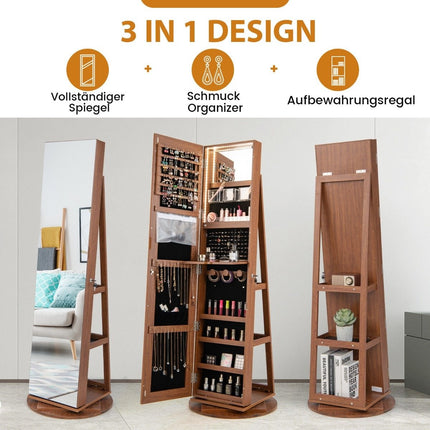 360° rotating jewelry cabinet with three-color LED lights, free-standing wooden mirror cabinet