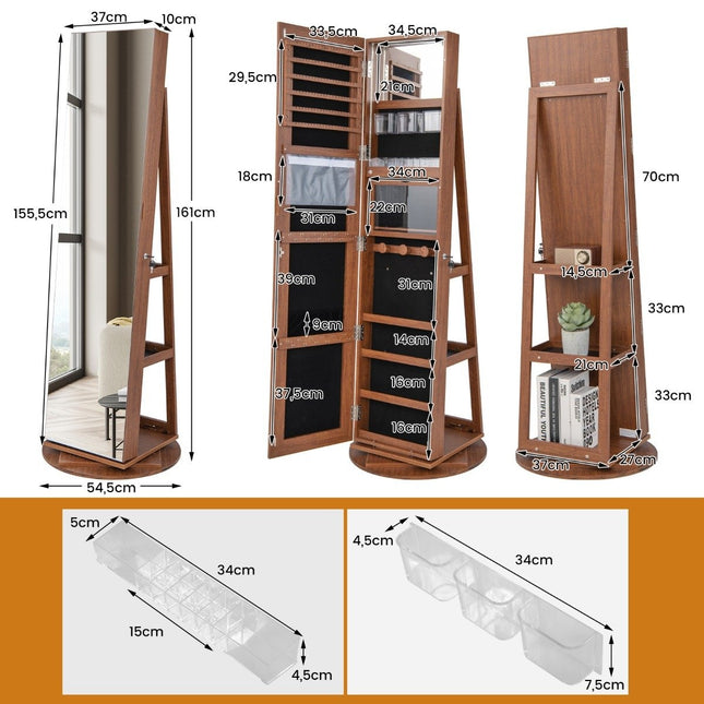 360° rotating jewelry cabinet with three-color LED lights, free-standing wooden mirror cabinet