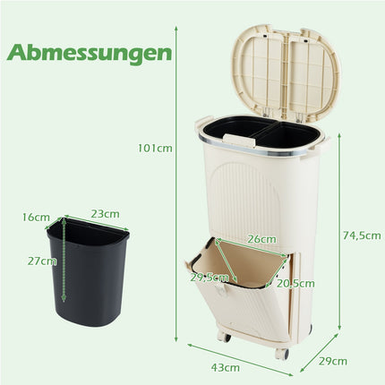 38L Trash Bin with 2 Removable Buckets & Lid, Beige