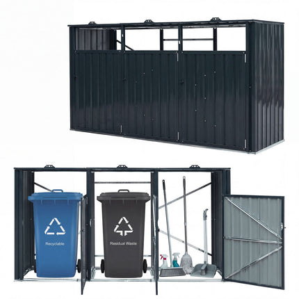 3-Bin Metal Trash Can Storage Shed, Dark Gray, Galvanized Steel