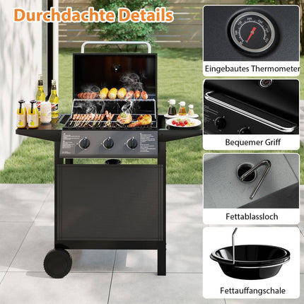 3-Burner Outdoor Gas Grill with Side Tables, 24,000 BTU