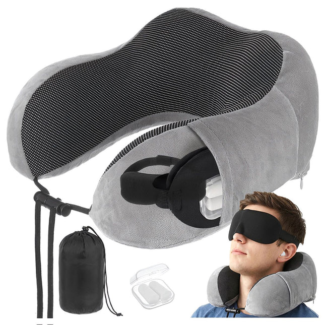 3D Memory Foam Travel Pillow with Earplugs, Neck Support