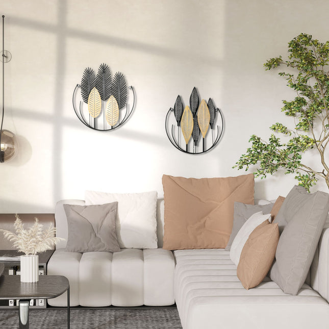 3D Metal Wall Art Leaf Set - Black & Natural, 40x46 Cm