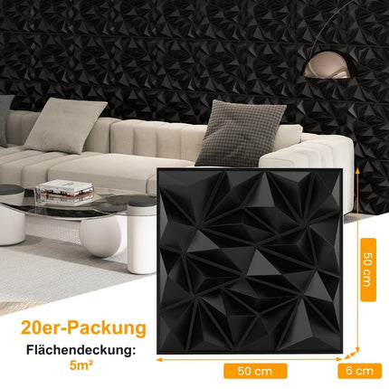3D Wall Panels, Diamond Pattern, Black, 10m² Coverage