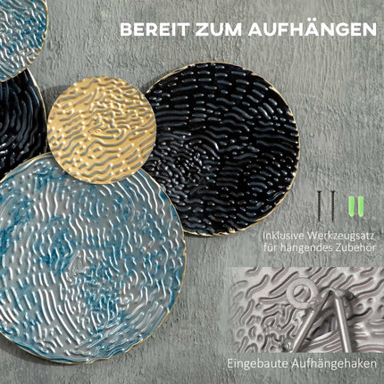3D metal wall art - modern sculpture, gold/black/blue, 121x53 cm