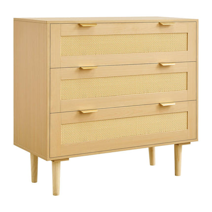 3-Drawer Rattan Dresser, Metal Handles, Wood Legs