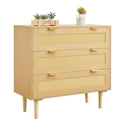3-Drawer Rattan Dresser, Metal Handles, Wood Legs