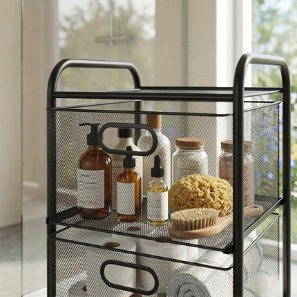 3-Drawer Rolling Storage Cart – Metal Frame, Mesh Sides