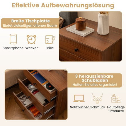 3-Drawer Walnut Nightstand for Bedroom, 56x45x66 cm