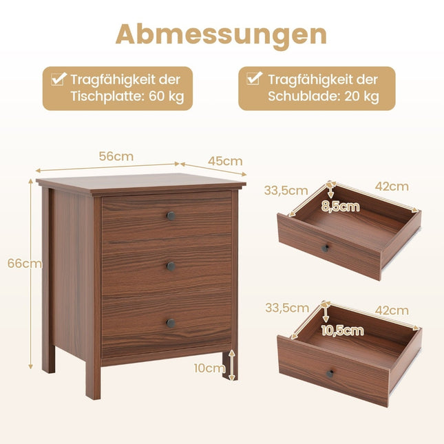 Nachtkastje met 3 lades van walnoothout voor de slaapkamer, 56x45x66 cm