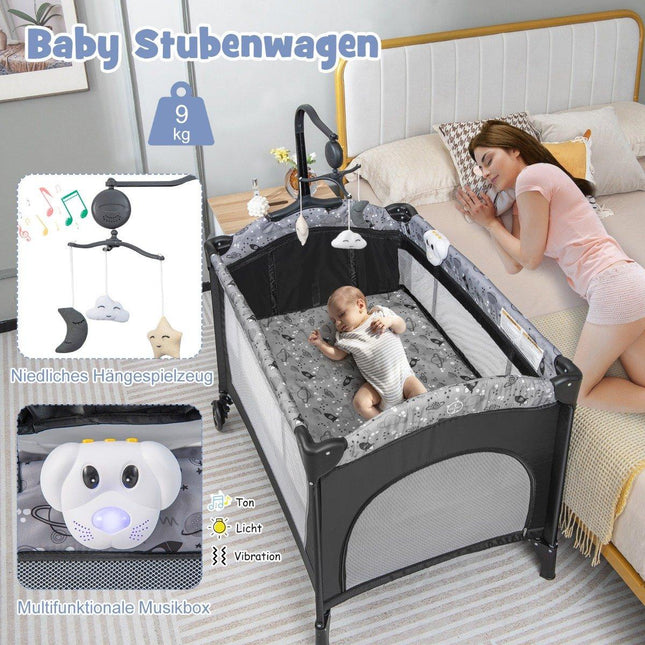 3 IN 1 side bed folding travel bed with mattress hanging toy 102 x 72 x 74 cm grey