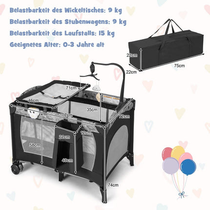 3 IN 1 side bed folding travel bed with mattress hanging toy 102 x 72 x 74 cm grey