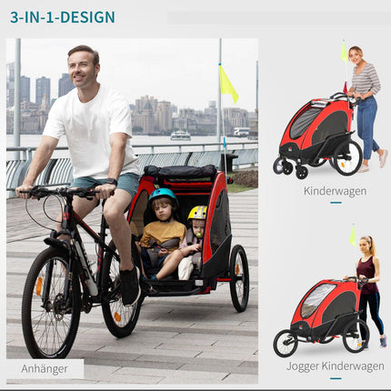 3-in-1 children's jogger and bicycle stroller, red/black, for 2