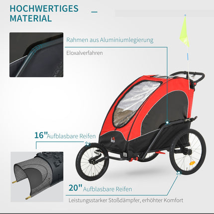 3-in-1 children's jogger and bicycle stroller, red/black, for 2