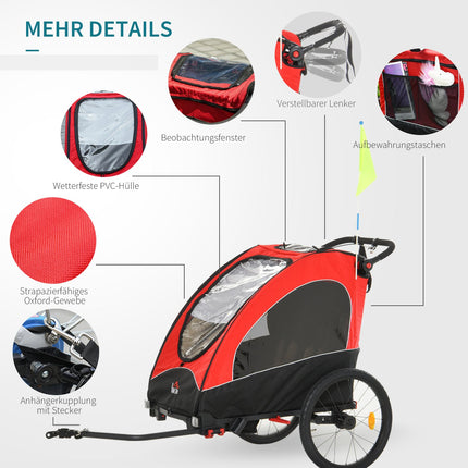 3-in-1 children's jogger and bicycle stroller, red/black, for 2
