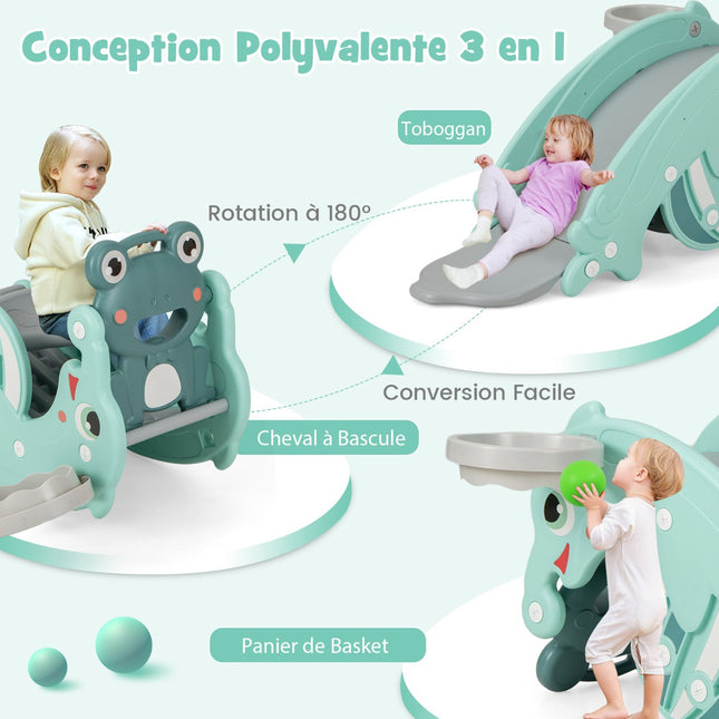 3-In-1 Toddler Slide and Rocking Horse With Hoop, Green