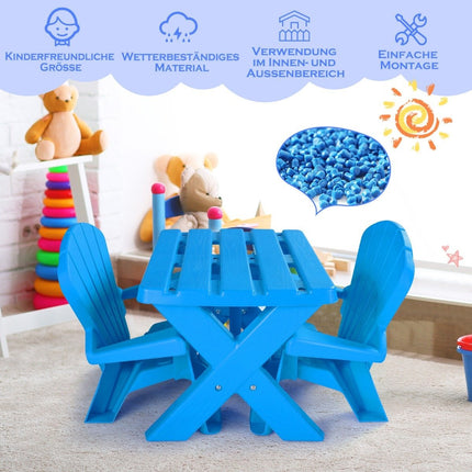 3 PCS. Children's seating group made of plastic children's table with 2 blue Adirondack chairs