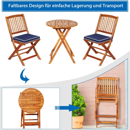 3 PCS. Patio furniture set with round table & 2 chairs & 2 cushions ergonomic seating set blue