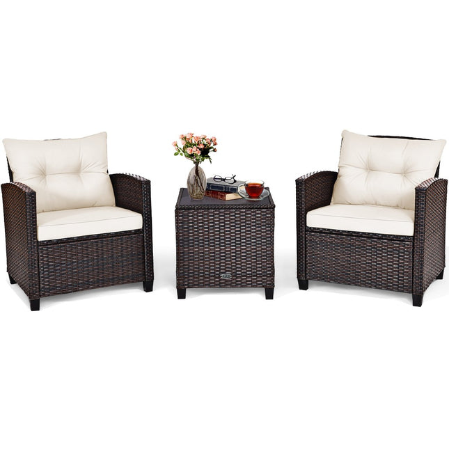 3 PCS. Polyrattan lounge set garden furniture rattan seating group with seat cushions and coffee table beige