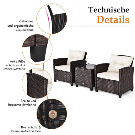 3 PCS. Polyrattan lounge set garden furniture rattan seating group with seat cushions and coffee table beige