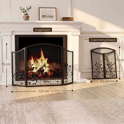 3-Panel Black Metal Fireplace Screen, Heat Resistant