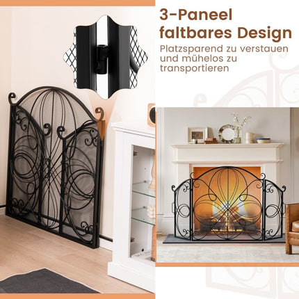 3-Panel Folding Fireplace Screen, Floral Metal Mesh, 151x83 cm