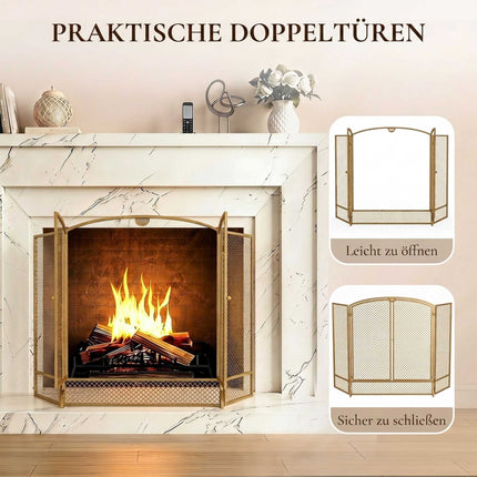 3-Panel Gold Metal Fireplace Screen with Double Doors
