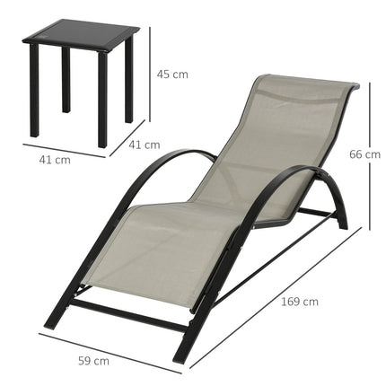 Garden chair in metal mesh - 2 sun loungers, 1 table, gray