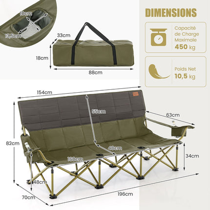 3-Person Folding Camping Chair, Padded, 2 Cup Holders, Green