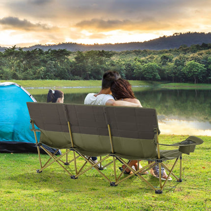 3-Person Folding Camping Chair, Padded, 2 Cup Holders, Green