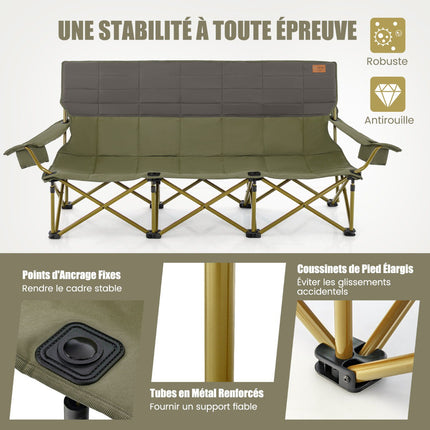 3-Person Folding Camping Chair, Padded, 2 Cup Holders, Green