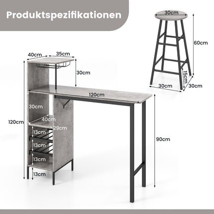 3 Piece Bar Table & Chair Set Industrial Pub Table & Stool Gray