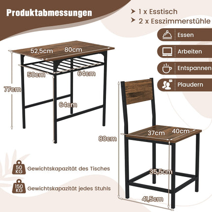 3-Piece Dining Set, Wood Table & Metal Frame, Brown