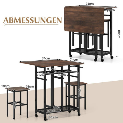 3 Piece Dining Table Set Extendable Kitchen Table on Wheels with 2 Chairs & Wine Rack & Shelves