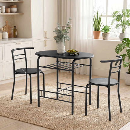 3-Piece Dining Table Set for 2, Black Marble Look, Shelf