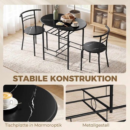 3-Piece Dining Table Set for 2, Black Marble Look, Shelf