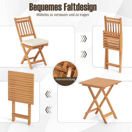 3-Piece Folding Balcony Set with Cushions, Acacia Wood