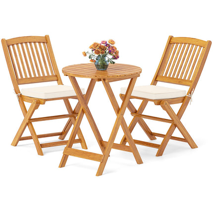 3-Piece Folding Bistro Set – Acacia Wood, Beige Cushions
