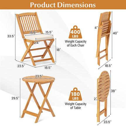 3-Piece Folding Bistro Set – Acacia Wood, Beige Cushions